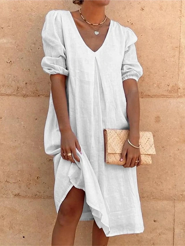 Women's White Dress Shirt Dress Cotton Linen Dress Midi Dress Ruched Basic Daily V Neck 3/4 Length Sleeve fed9