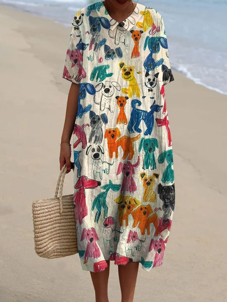 Women's Cute Kid Drawing Dog Print V Neck Vintage Linen Loose Dress a1be