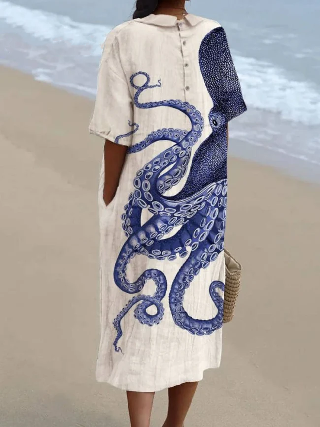 Women's Japanese Octopus Art Pocket Linen Dress(Convertible Dress With Front And Back Option) 36d2