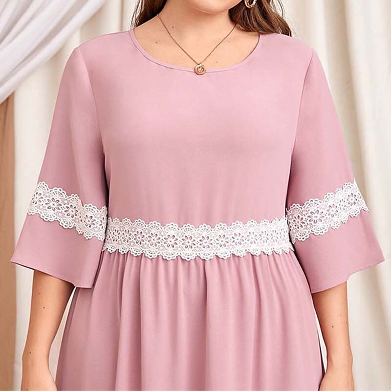 Women's Plus Size Casual Dress Color Block Crew Neck Lace Dress