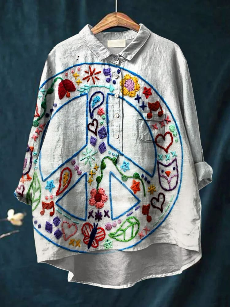 Women's Vintage Peace Art Print Casual Cotton And Linen Shirt 1cc9