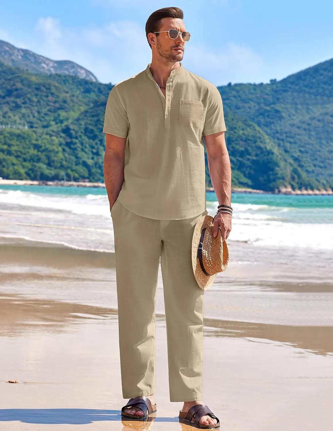 10 Pack-Men's 2 Pieces Cotton Linen Set Casual Short Sleeve Henley Shirts Beach Yoga Pants Summer Outfits