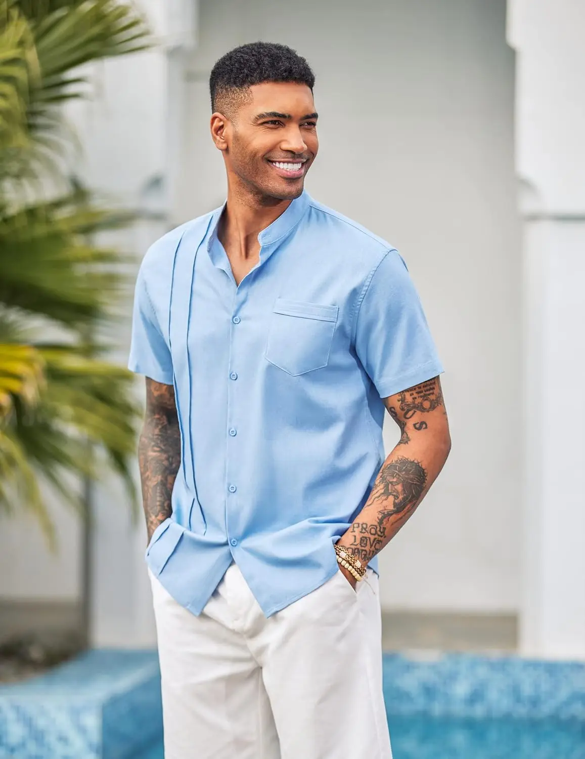 9 Pack-Men's Cuban Guayabera Shirt Cotton Linen Short Sleeve Button Down Shirts Casual Band Collar Summer Shirt
