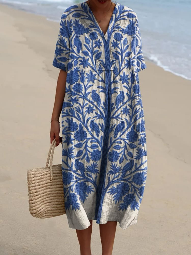 Women's Indian Art Floral Vintage Art Print Flowy Dress 26db