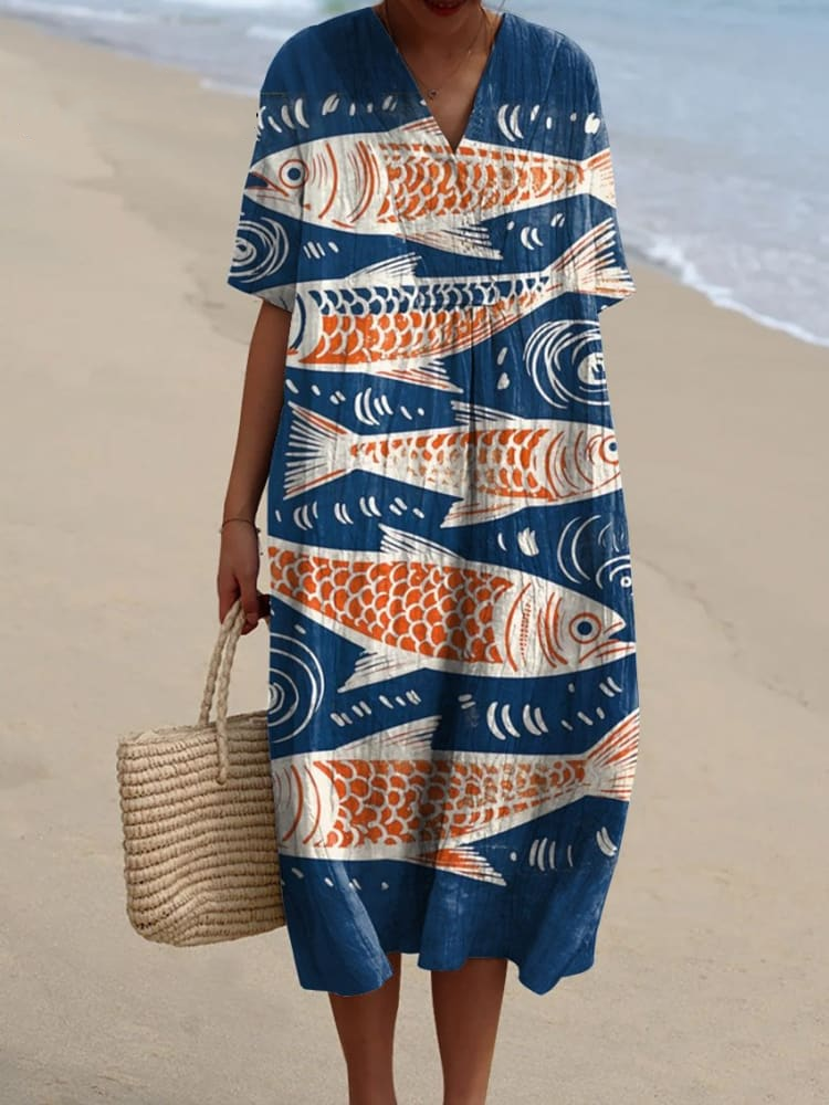 Women's Vintage Lovely Fish Art Print Flowy Dress 0290