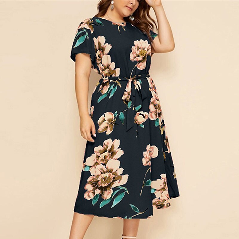 Women's Plus Size A Line Dress Floral Casual Midi Dress
